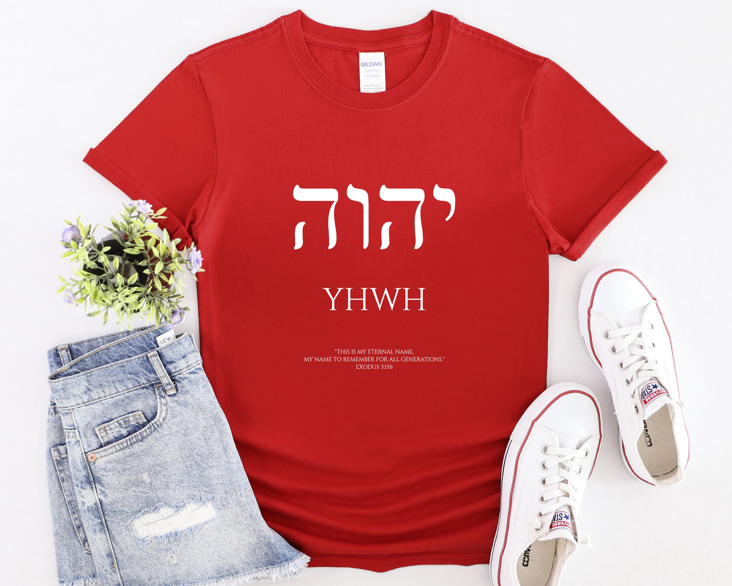 Womans Hebrew YHWH T-Shirt Front Red