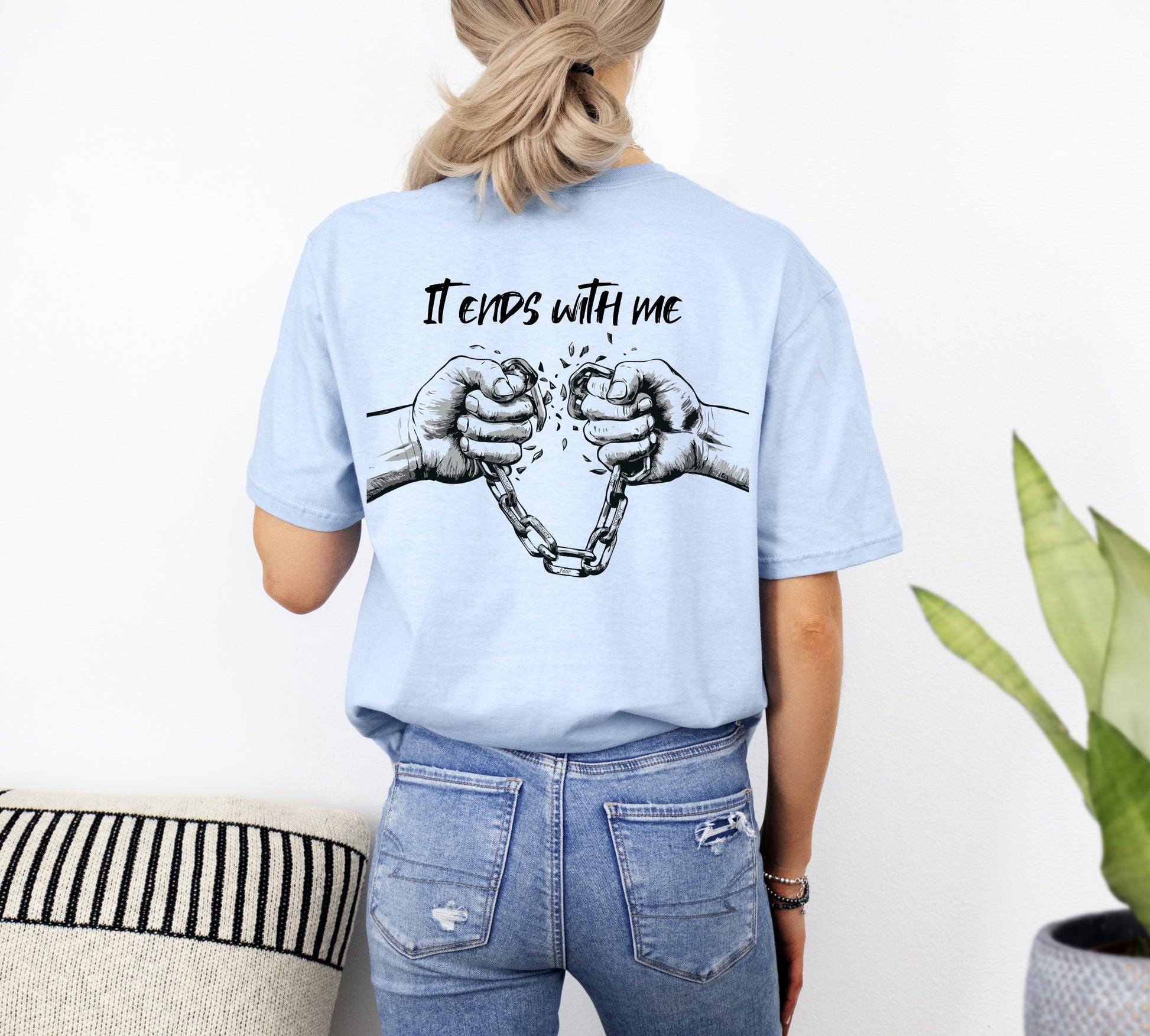 Womans Chain Breaker Christian T-Shirt Back Light Blue