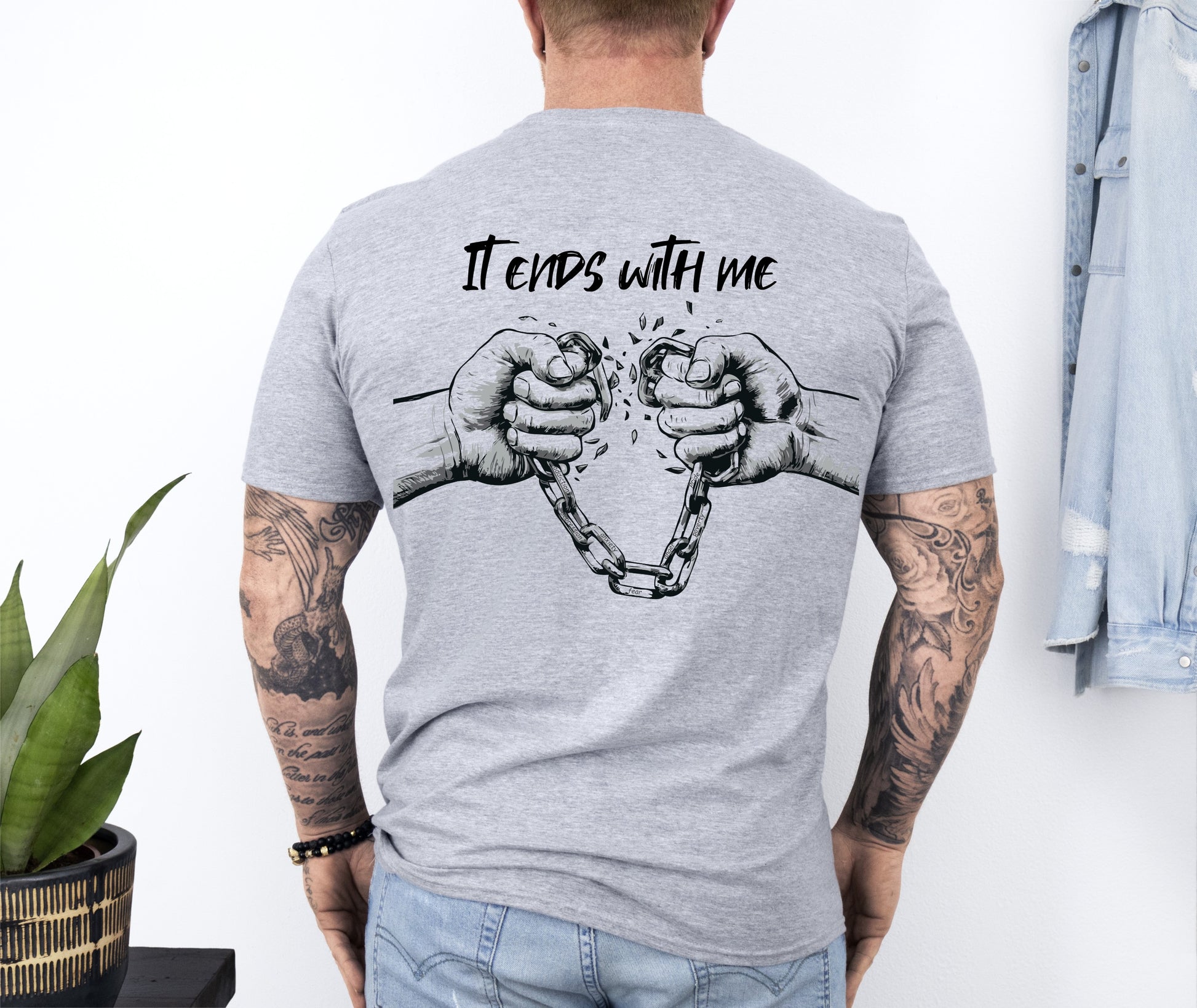 Men Chain Breaker Christian T-Shirt Back Grey