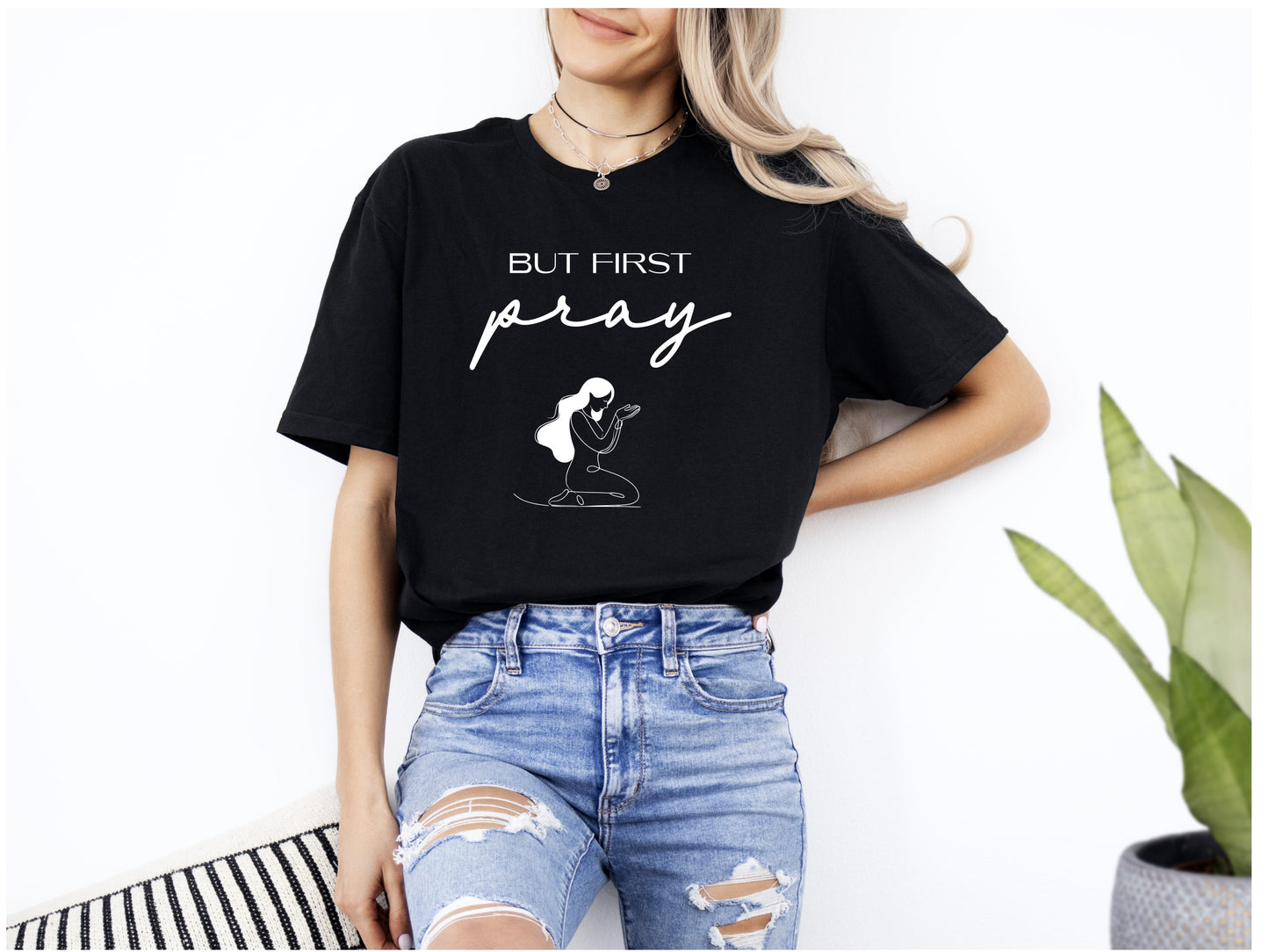 Womans First Pray Christian T-Shirt Front Black