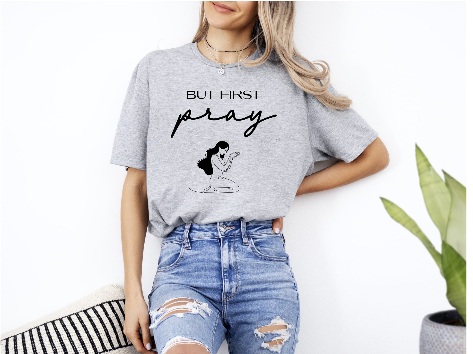 Womans First Pray Christian T-Shirt Front Grey