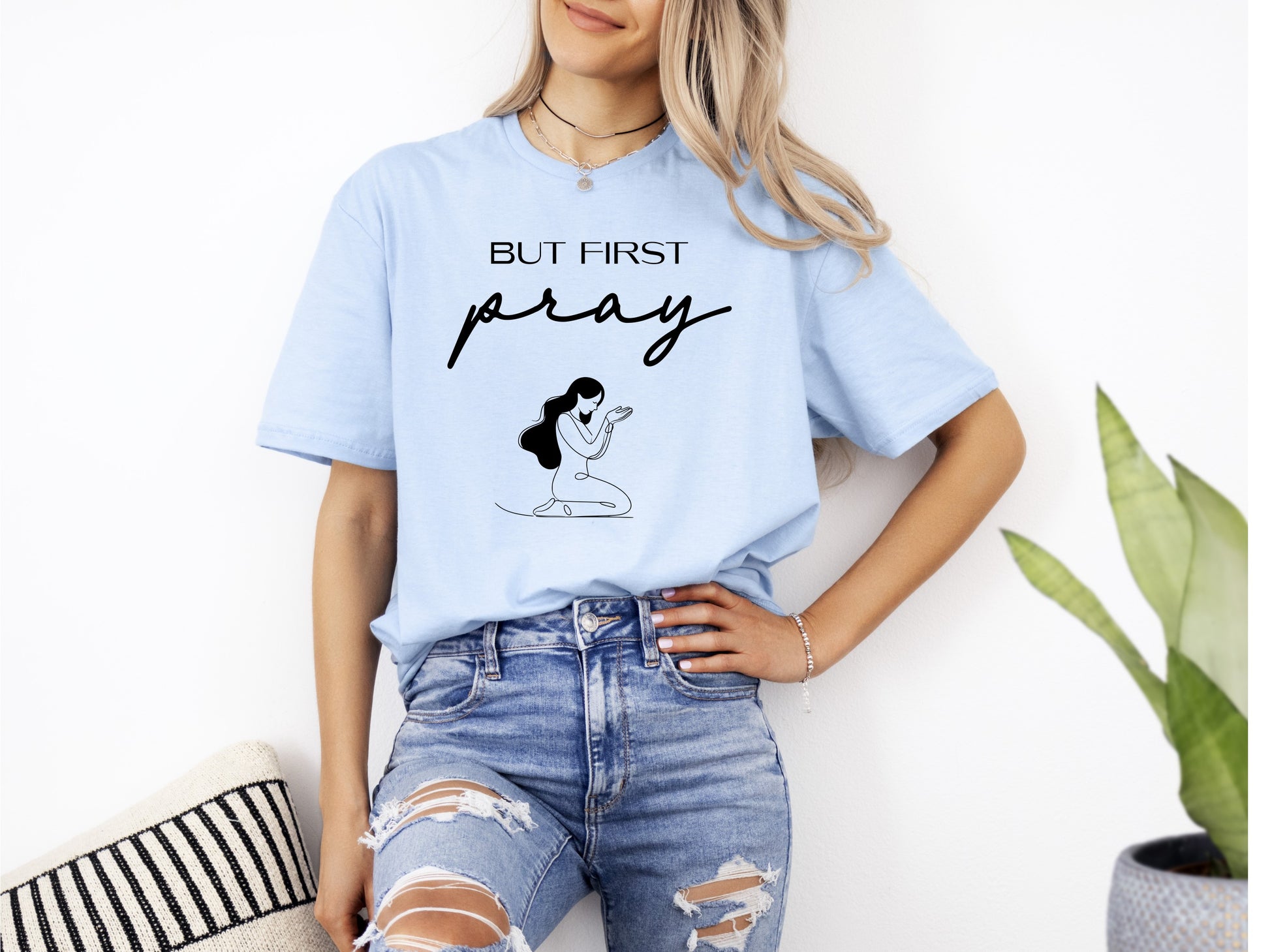 Womans First Pray Christian T-Shirt Front Light Blue