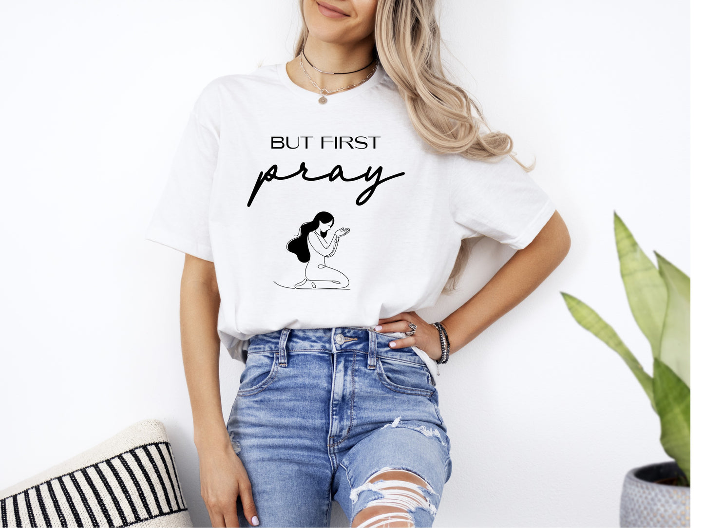 Womans First Pray Christian T-Shirt Front White