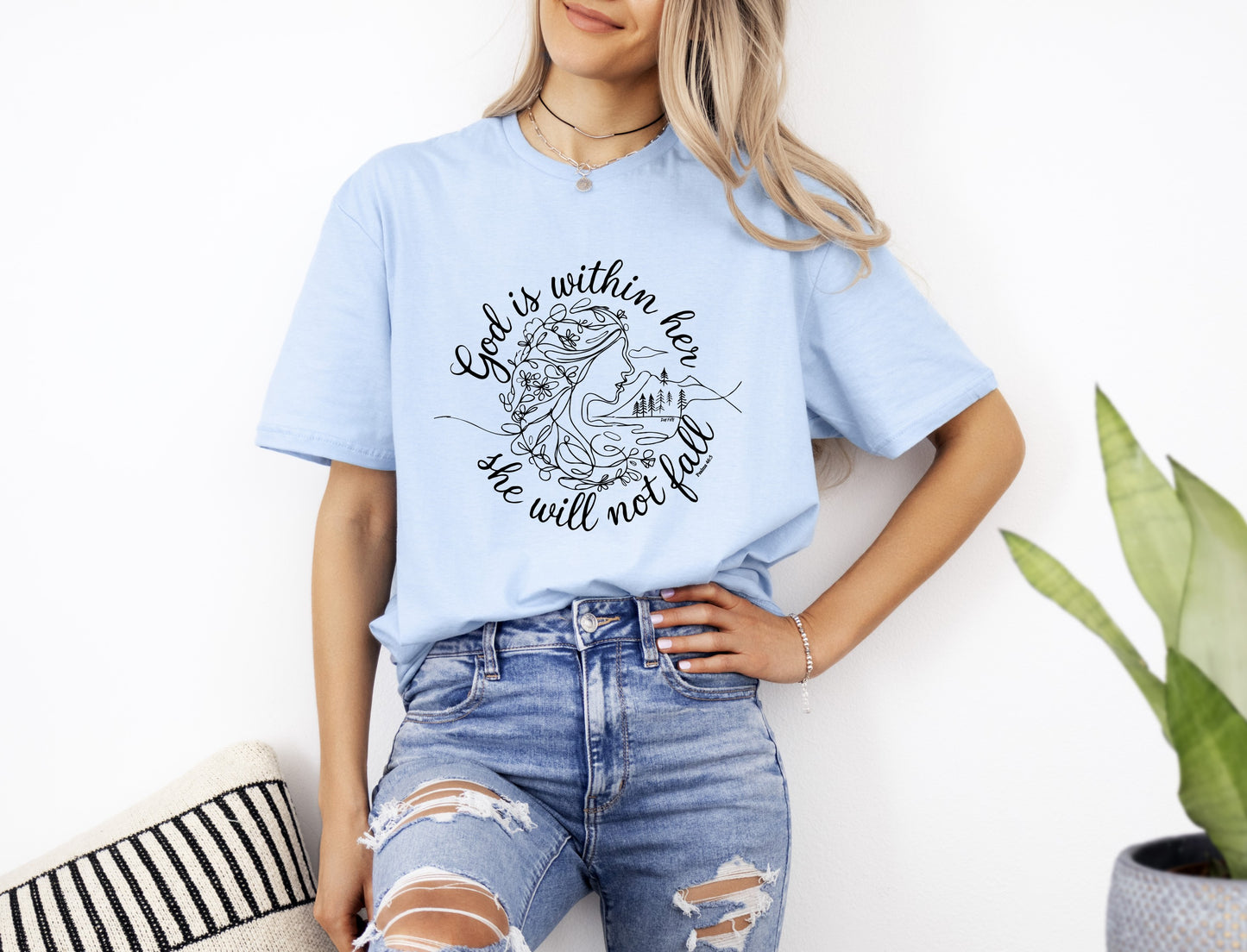 Womans God is within her Christian T-Shirt Front Light Blue