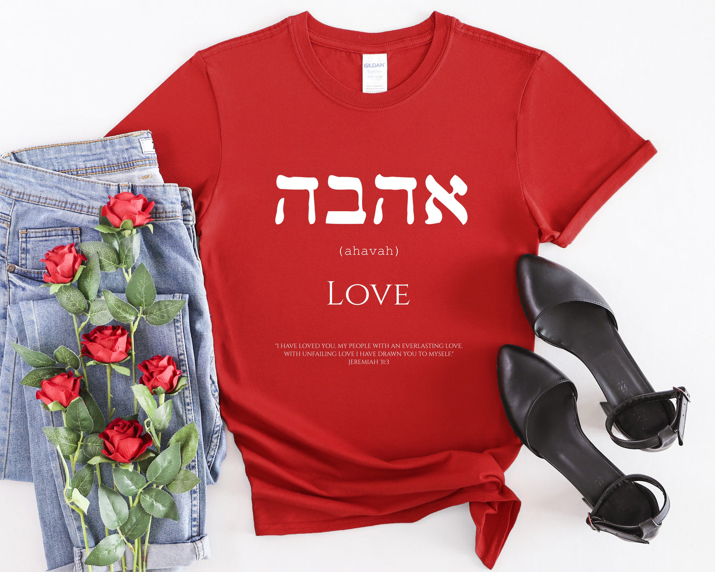 Womans Hebrew Love Christian T-Shirt Front Red