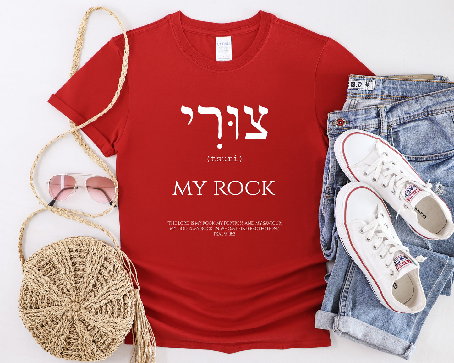 Womans Hebrew My Rock Christian T-Shirt Front Red