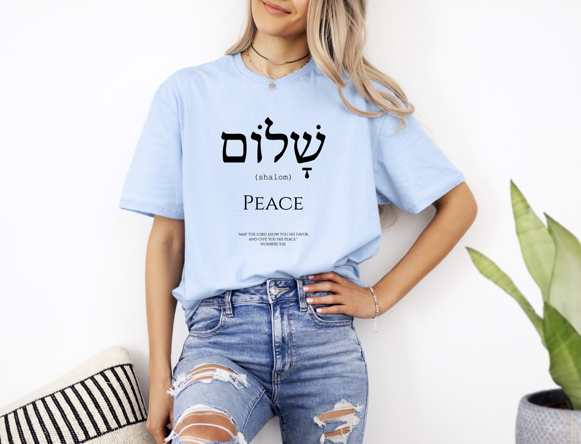 Womans Hebrew Peace Christian T-Shirt Front Light Blue