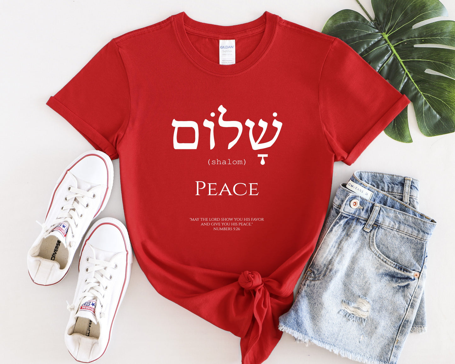 Womans Hebrew Peace Christian T-Shirt Front Red