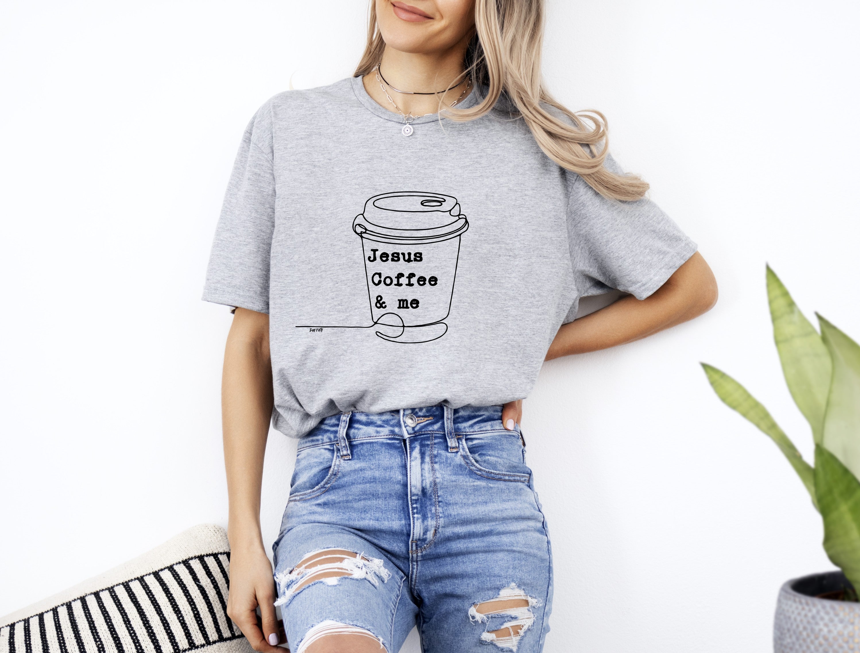 Womans Jesus Coffee and Me Christian T-Shirt Front Grey