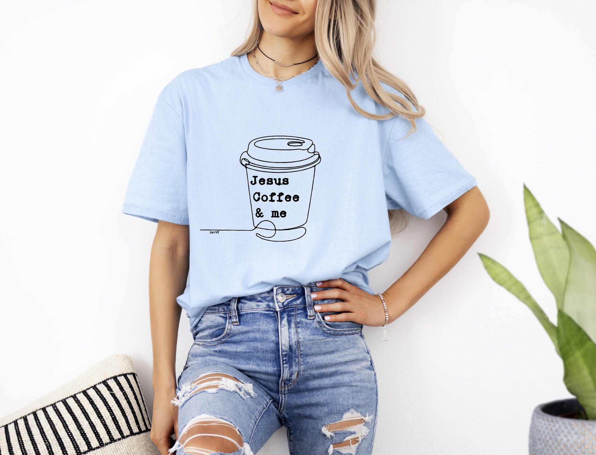 Womans Jesus Coffee and Me Christian T-Shirt Front Light Blue