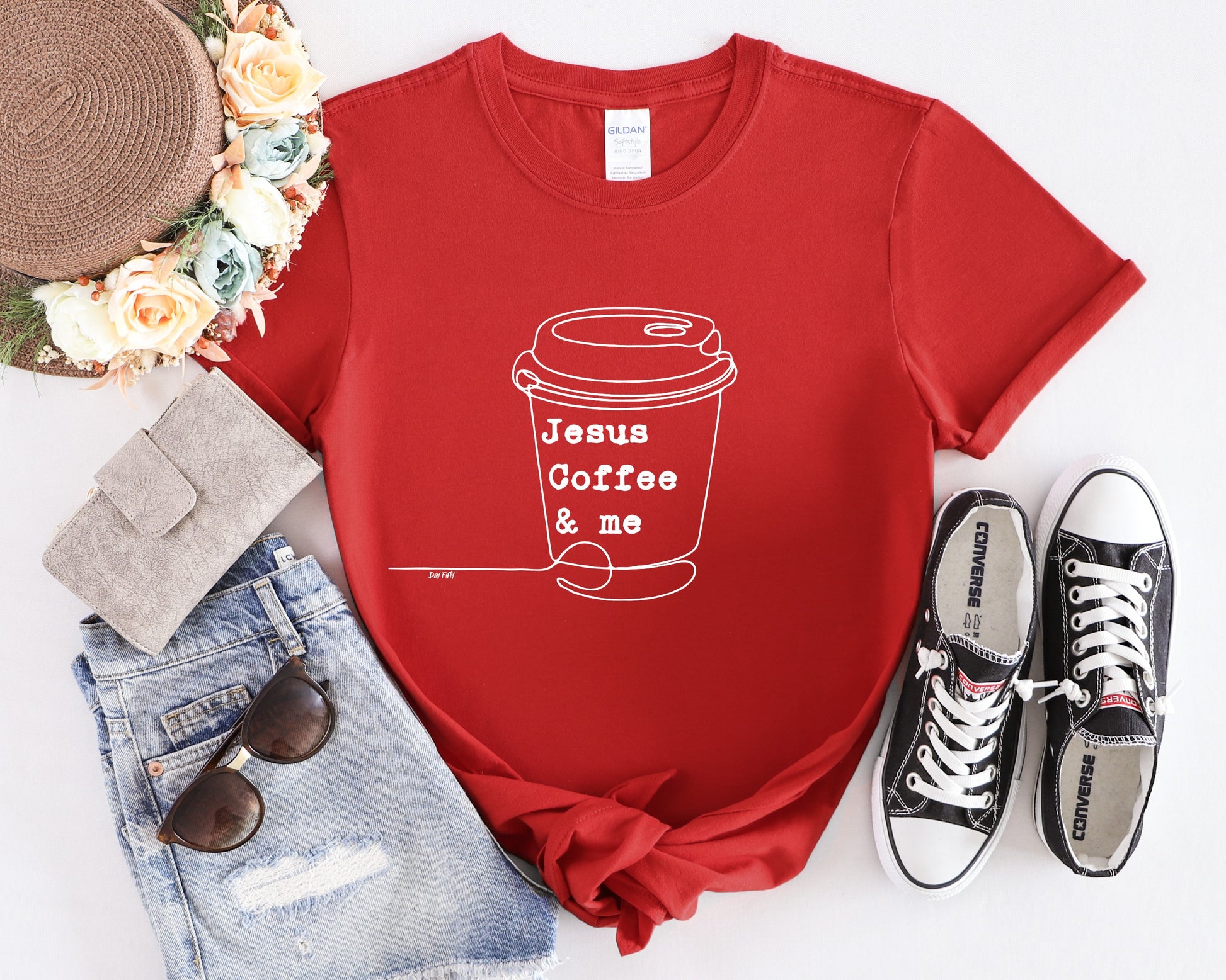 Womans Jesus Coffee and Me Christian T-Shirt Front Red