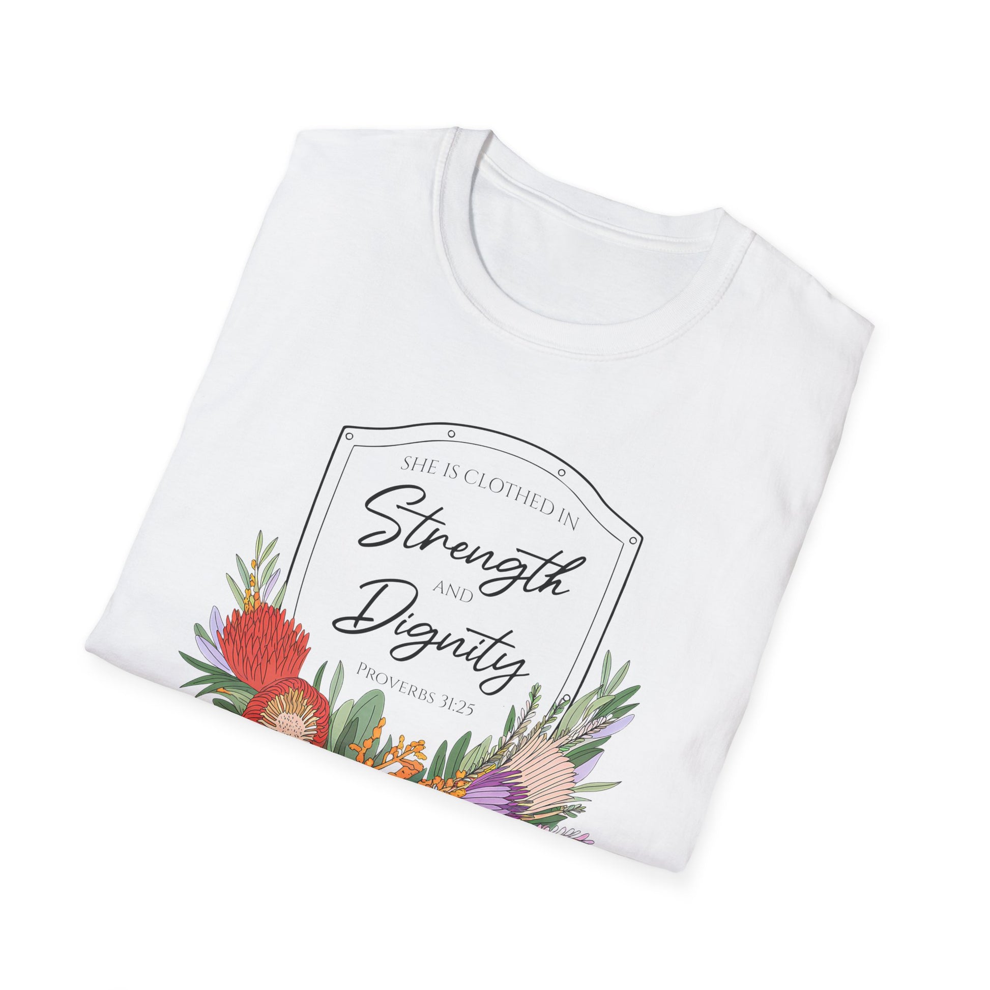 Womans Strength Dignity Shield T-Shirt Front Folded White