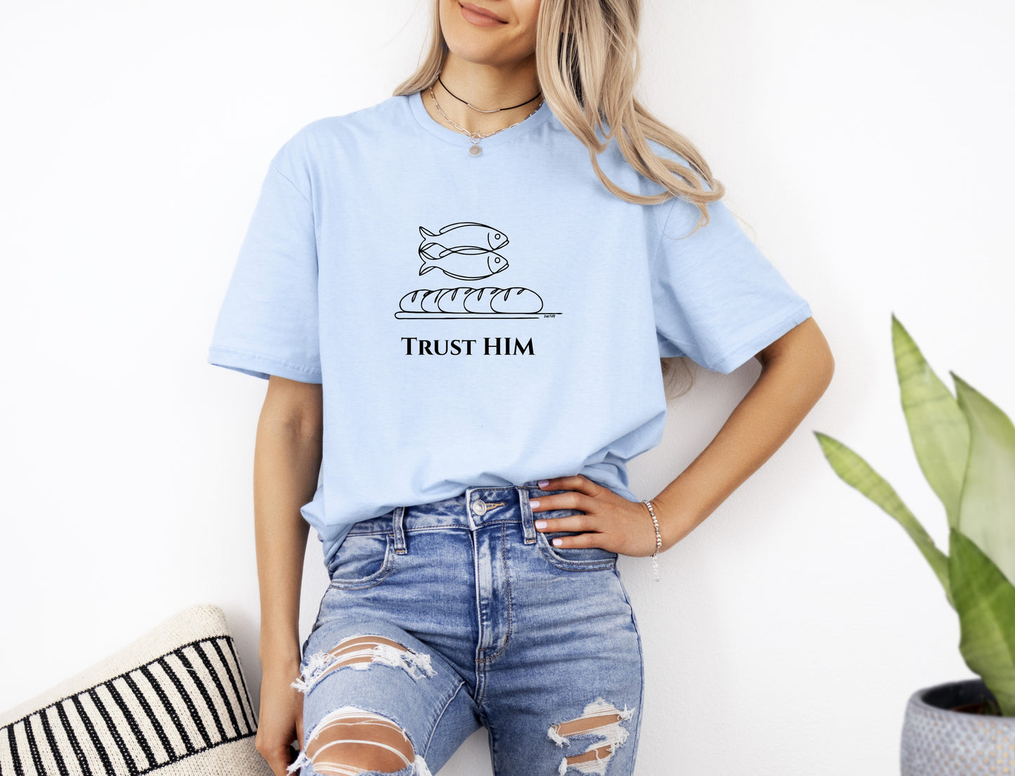 Womans Trust Him Christian T-Shirt Front Light Blue