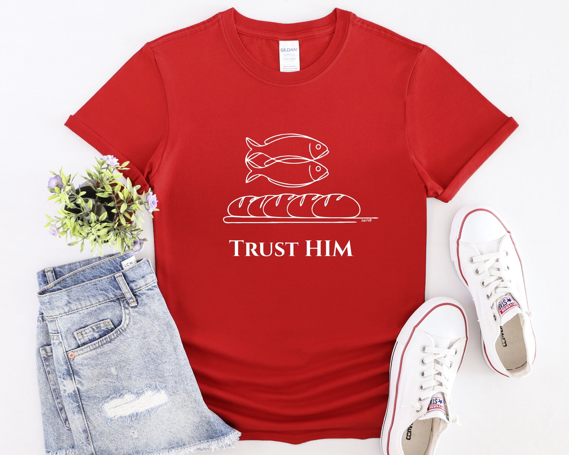 Womans Trust Him Christian T-Shirt Front Red